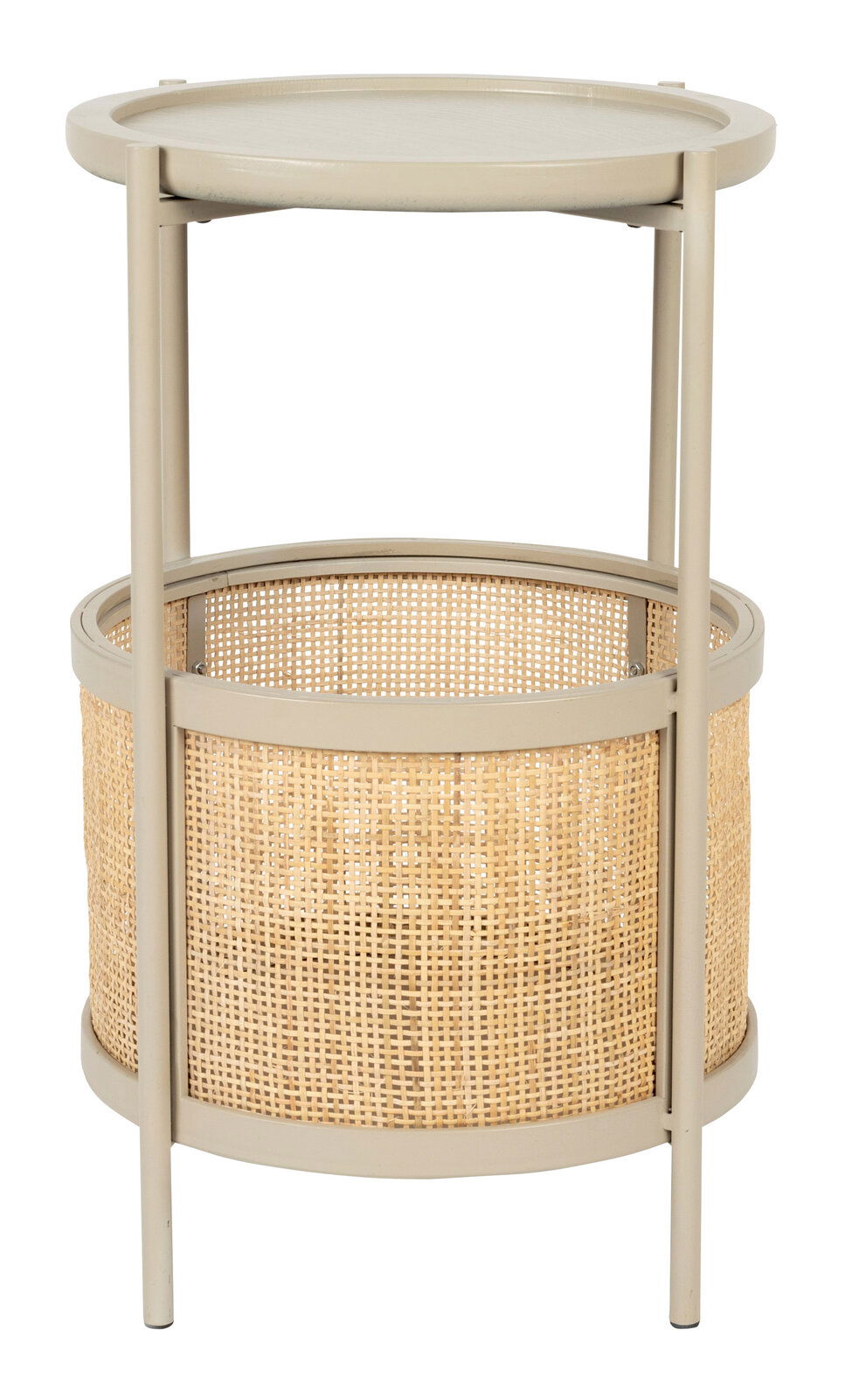 Beistelltisch mit rundem Tablett und geflochtenem Korb, seitliche Perspektive