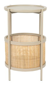 Beistelltisch mit rundem Tablett und geflochtenem Korb, seitliche Perspektive