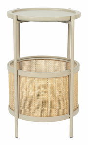 Beistelltisch mit rundem Tablett und geflochtenem Korb, seitliche Perspektive