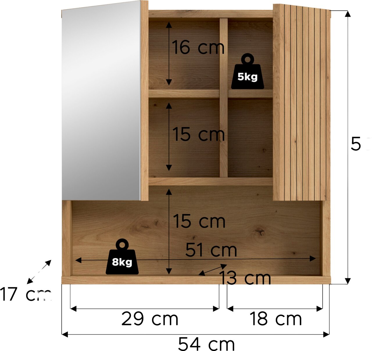 Holz-Nachttisch/Beistellschrank mit weißer Tür links, offenem Ablagefach und geriffelter Holzfront rechts, mit Maßangaben (u. a. 54 cm Breite) und Belastbarkeitssymbolen, Ansicht von vorne.
