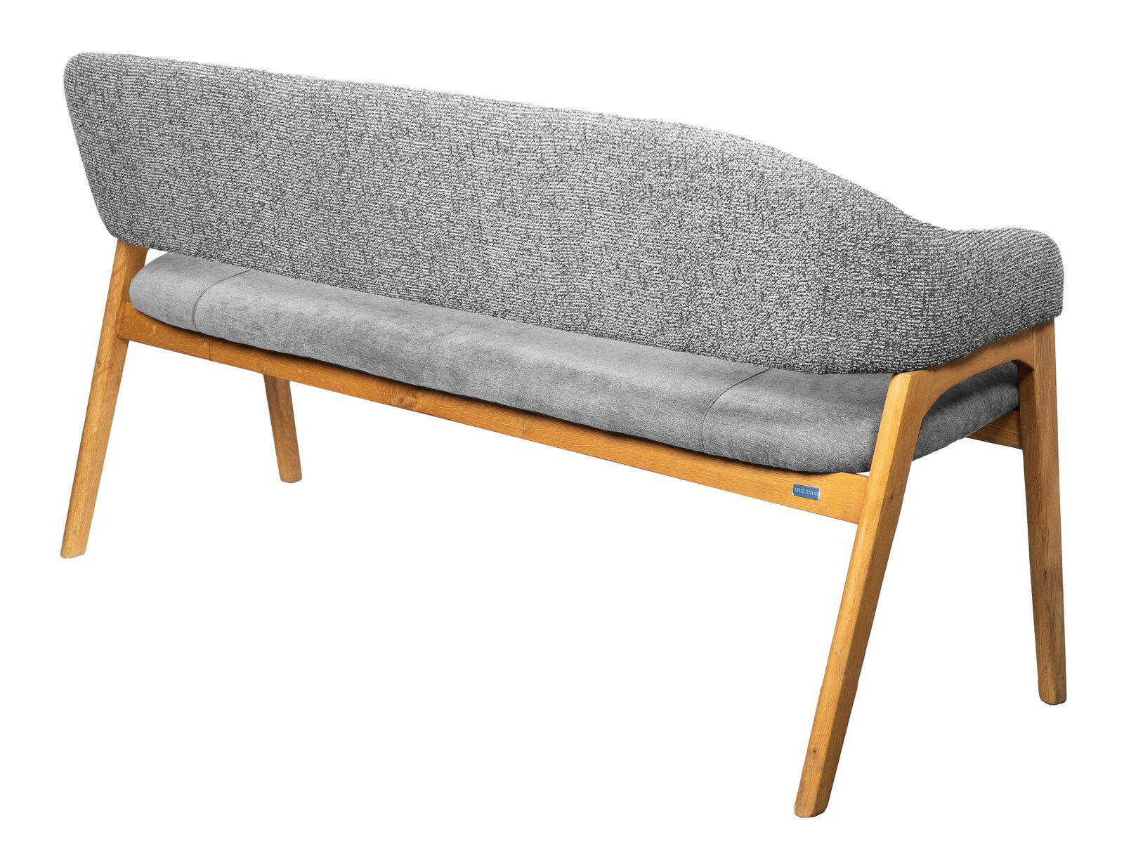 Linea Natura Sitzbank BERTI Rückansicht einer modernen Sitzbank mit grauem Stoffbezug und Holzgestell