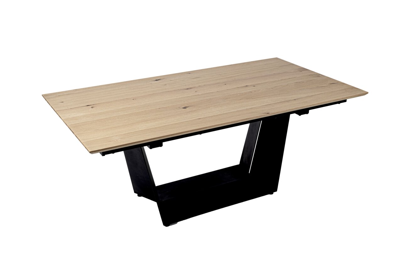 Moderne eettafel met houten blad en zwart metalen onderstel, zijaanzicht