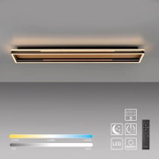 Moderne rechteckige LED-Deckenleuchte in Schwarz mit Holzoptik-Elementen und warmweißer Lichtaura, Ansicht von unten (Untersicht) an der Decke montiert; Fernbedienung mit Dimmer- und Farbtemperatursteuerung (2700–5000 K), Nachtlicht, Timer und Memory-Funk