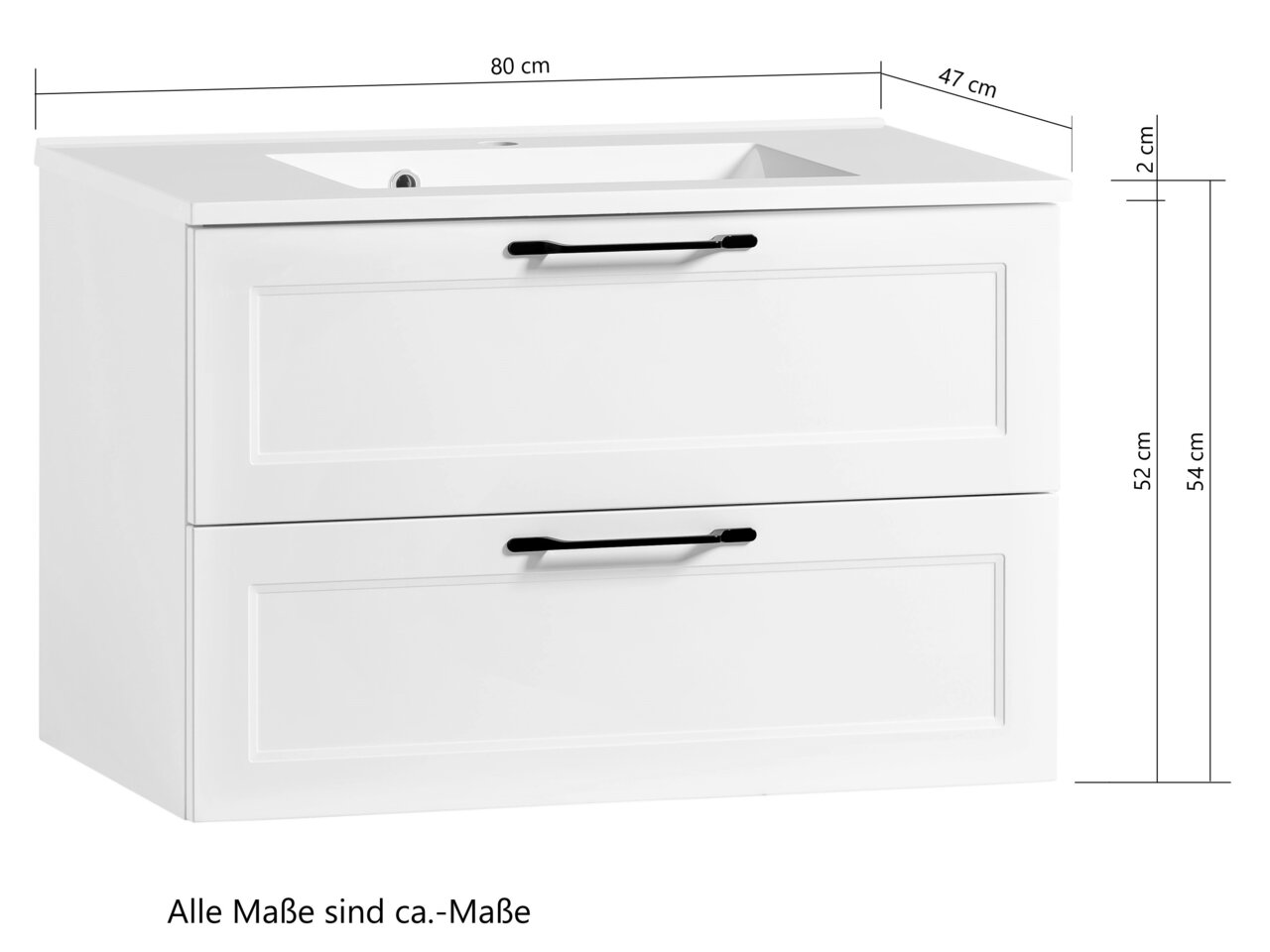 Witte wastafelmeubel met twee lades en zwarte handgrepen, vooraanzicht, afmetingen: 80 cm breed, 47 cm diep, 54 cm hoog.