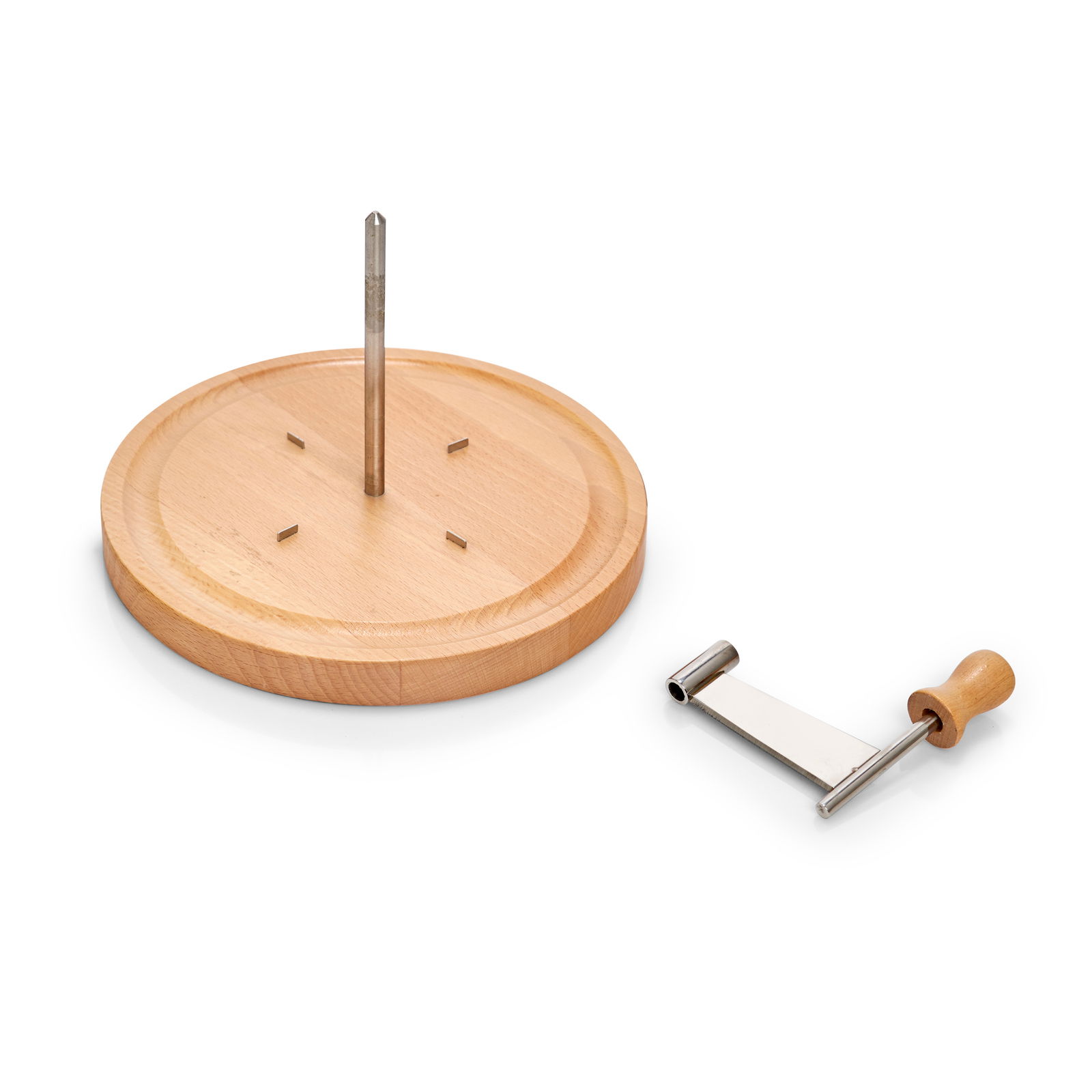 Zeller Present Käseschneide-Set Käse-Schneide-Set aus Holz und Metall, bestehend aus einer runden Basis mit Metallstab und einem separaten Schneidewerkzeug mit Holzgriff, aus der Vogelperspektive.