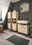 Moderner Badschrank aus hellem Holz mit integriertem Waschbecken und Spiegel, seitliche Perspektive.