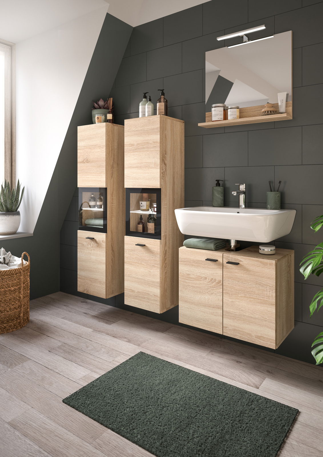 Moderner Badschrank aus hellem Holz mit integriertem Waschbecken und Spiegel, seitliche Perspektive.