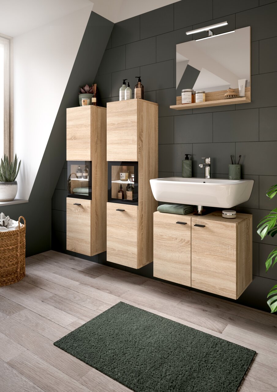 MID.YOU Badschrank BOSTON Moderner Badschrank aus hellem Holz mit integriertem Waschbecken und Spiegel, seitliche Perspektive.
