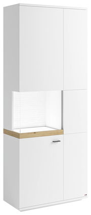Weiße Vitrine mit Glasausschnitt links, Holzdetails und moderner Griff, seitliche Perspektive