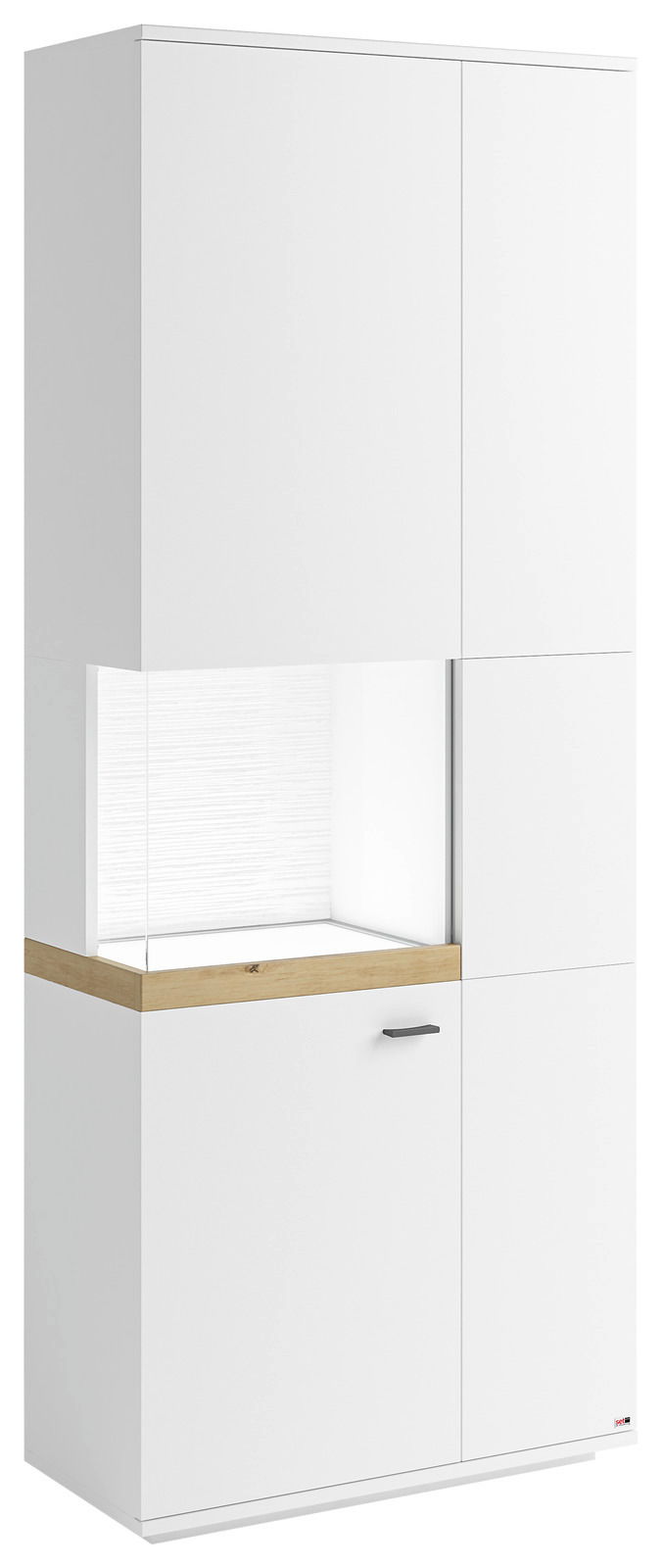 Weiße Vitrine mit Glasausschnitt links, Holzdetails und moderner Griff, seitliche Perspektive