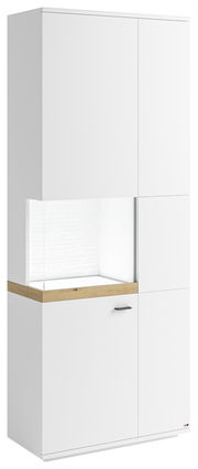 Weiße Vitrine mit Glasausschnitt links, Holzdetails und moderner Griff, seitliche Perspektive