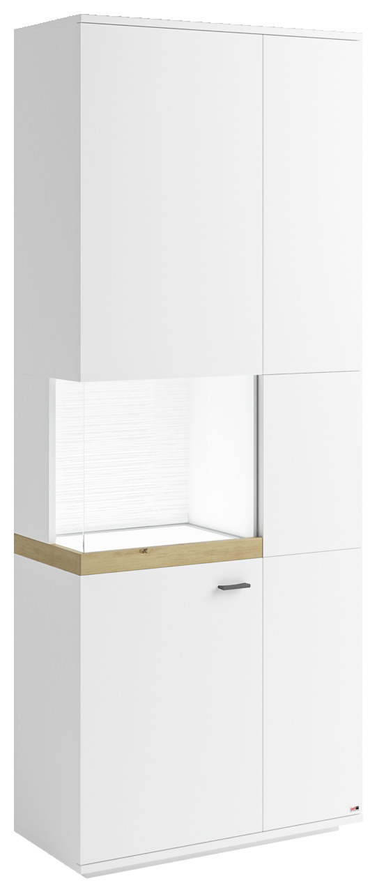 Set one by Musterring Vitrine Glasausschnitt links SET ONE LANCASTER Weiße Vitrine mit Glasausschnitt links, Holzdetails und moderner Griff, seitliche Perspektive