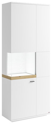Weiße Vitrine mit Glasausschnitt links, Holzdetails und moderner Griff, seitliche Perspektive