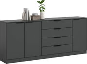 Dunkelgraues Sideboard mit zwei Türen und vier Schubladen, oben dekoriert mit Büchern, Figur und Pflanze, in frontaler Ansicht mit leichter Perspektive von links.