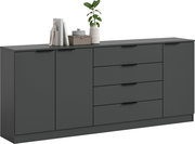 Dunkelgraues Sideboard mit zwei Türen und vier Schubladen, oben dekoriert mit Büchern, Figur und Pflanze, in frontaler Ansicht mit leichter Perspektive von links.