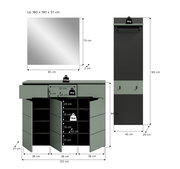 Maßgrafik eines Garderoben-Sets in Grau/Schwarz: Spiegel 80×73×2 cm (Frontansicht), Schuhschrank 120×94×37 cm mit geöffneten Türen und Fächern (Frontansicht) sowie Garderobenpaneel 45×165×29 cm mit Ablage und Haken (Frontansicht).