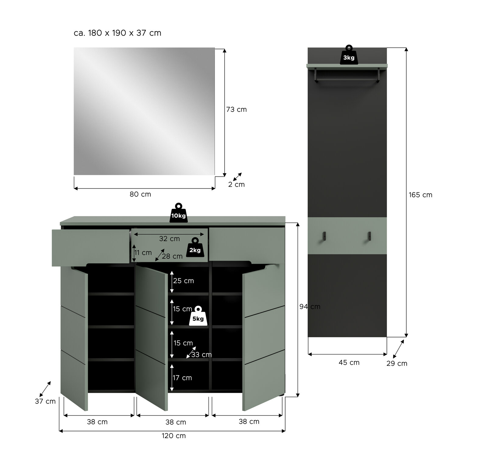 Maßgrafik eines Garderoben-Sets in Grau/Schwarz: Spiegel 80×73×2 cm (Frontansicht), Schuhschrank 120×94×37 cm mit geöffneten Türen und Fächern (Frontansicht) sowie Garderobenpaneel 45×165×29 cm mit Ablage und Haken (Frontansicht).