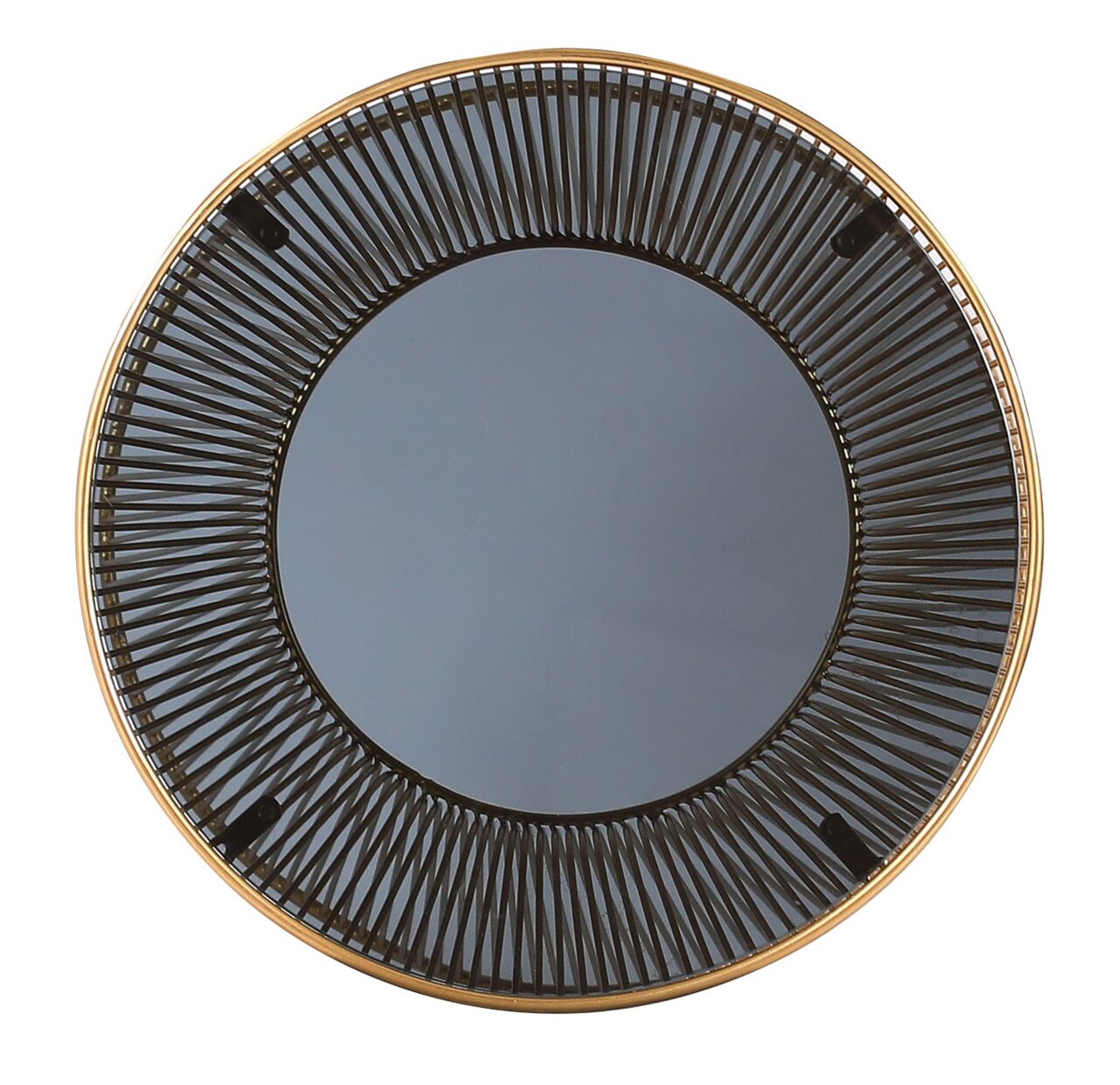 Ronde bijzettafel met glazen blad en decoratief metalen frame, bovenaanzicht