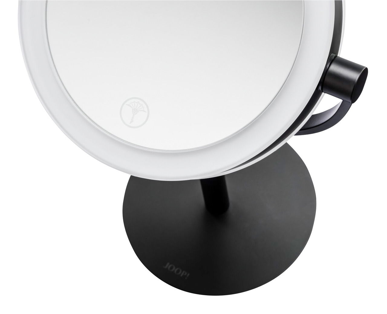 Standkosmetikspiegel mit Touch-Funktion, Ansicht von oben, schwarzer Standfuß und runder Spiegel mit beleuchtetem Rand.