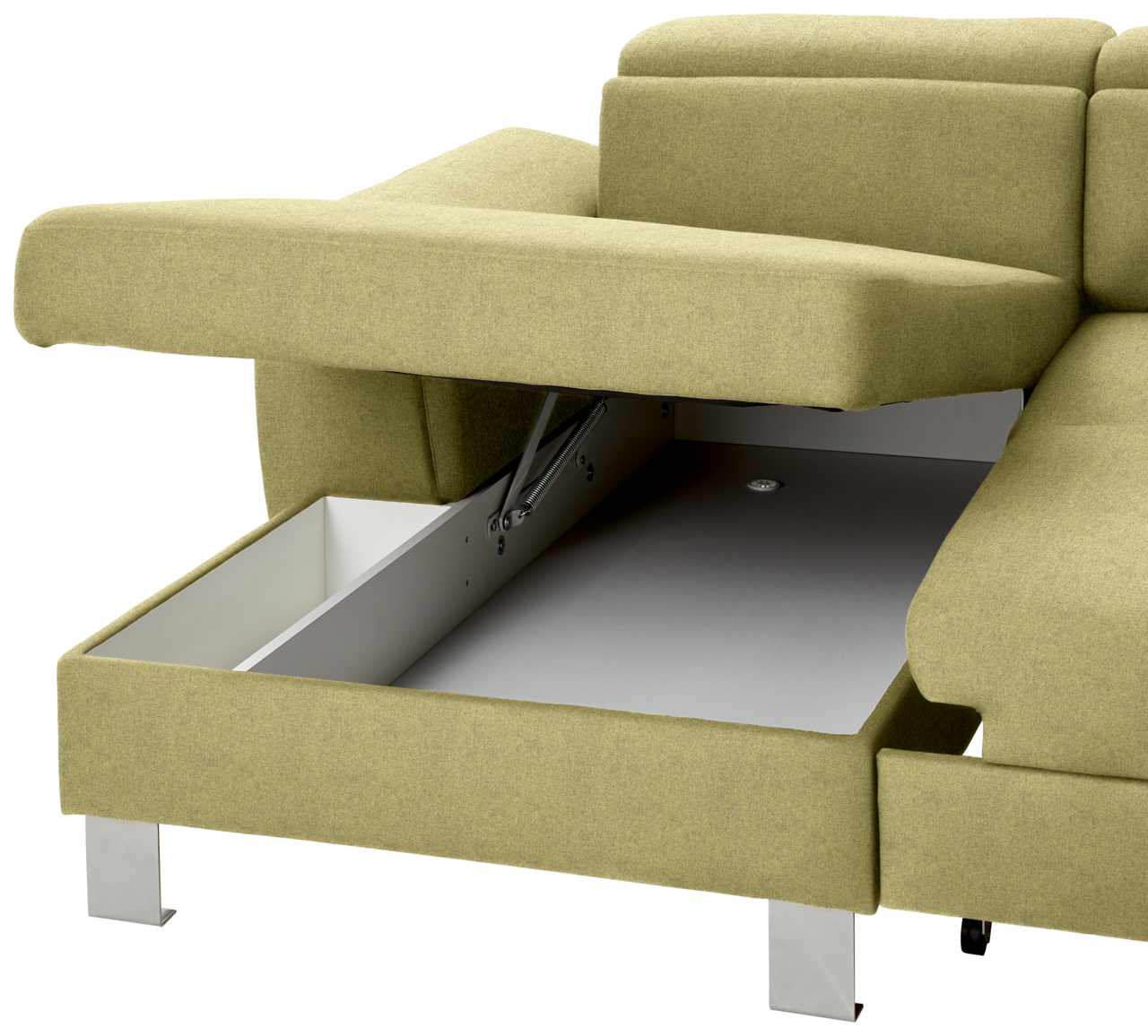 Grüne Rundecke mit geöffnetem Stauraum, seitliche Perspektive