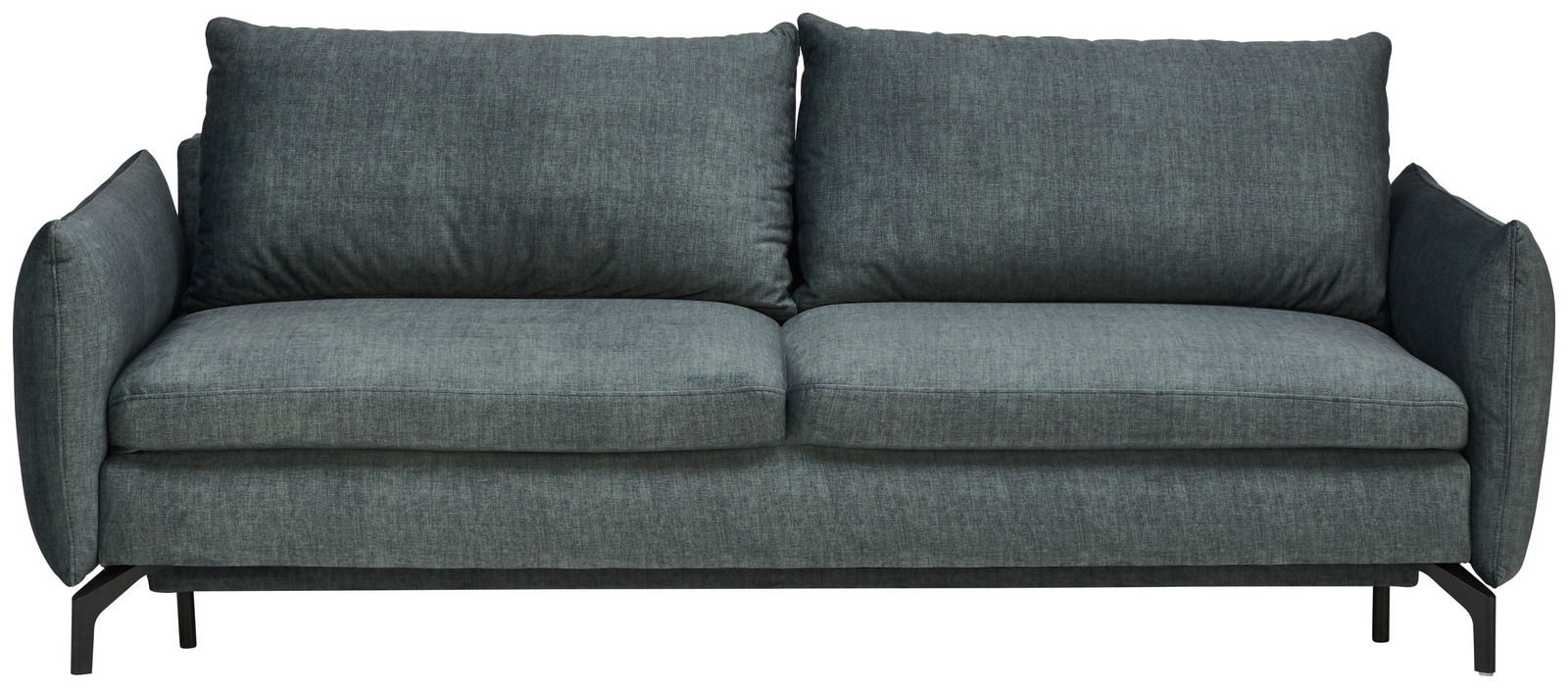 Frontale Ansicht eines modernen, grauen Funktionssofas mit zwei großen Rückenkissen und schlanken Metallbeinen.