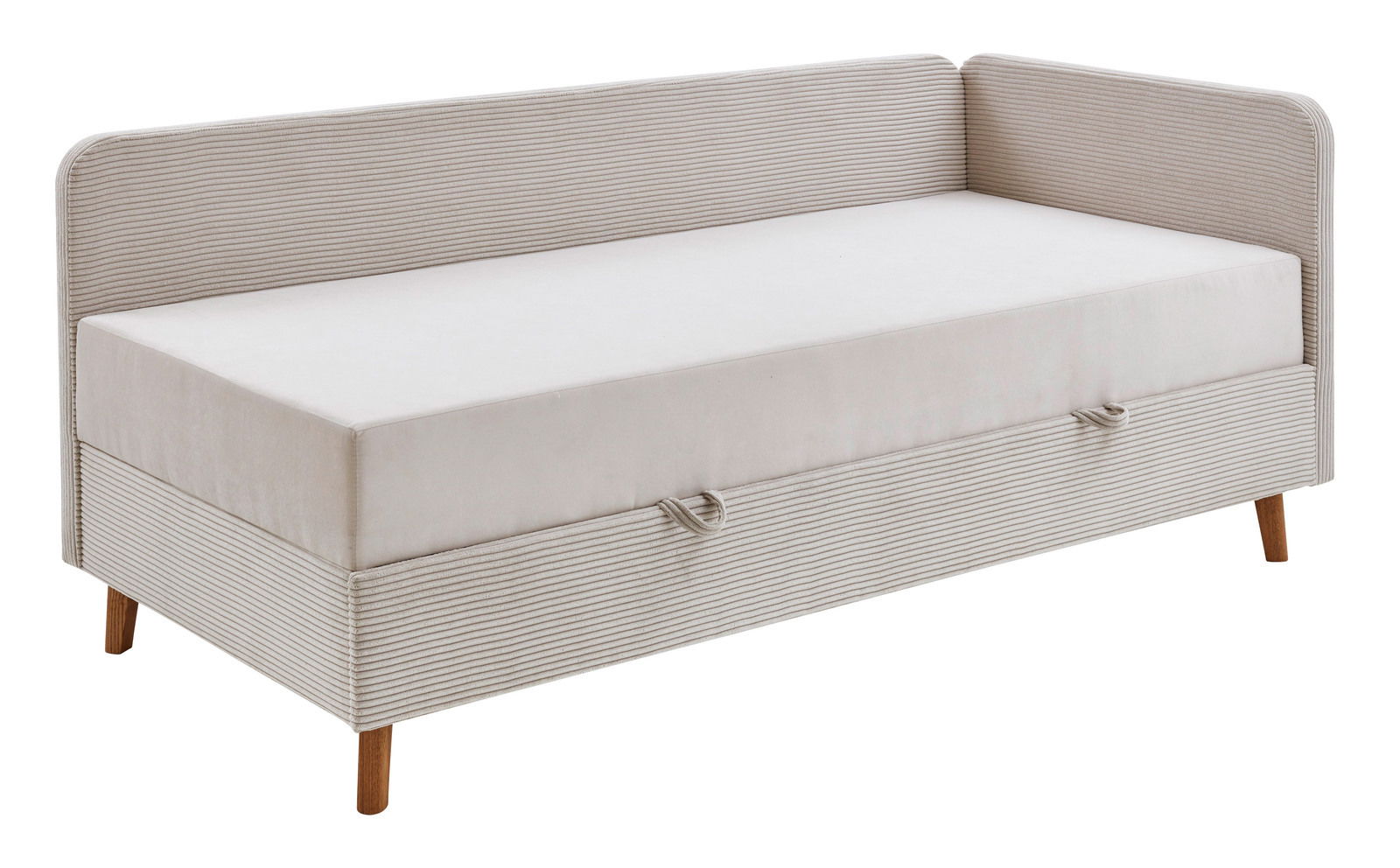 Polsterbett in Seitenansicht mit hellgrauem Stoffbezug und Holzfüßen