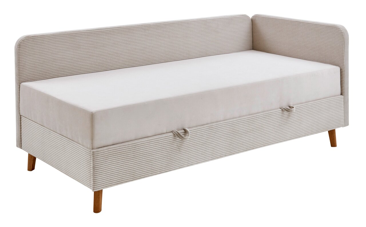 Polsterbett in Seitenansicht mit hellgrauem Stoffbezug und Holzfüßen