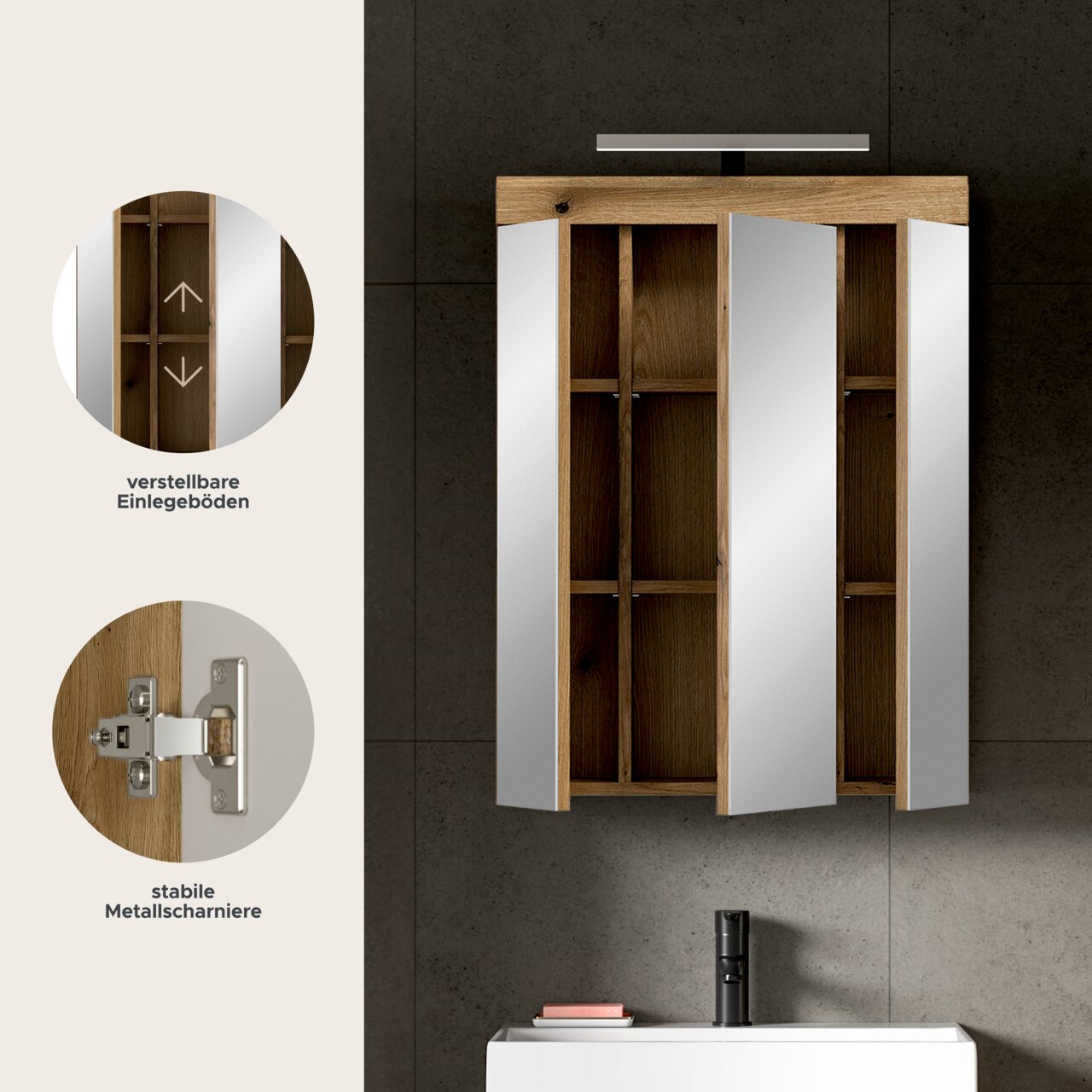 Badezimmer-Spiegelschrank aus Holz mit weißen Spiegeltüren, geöffnet mit sichtbaren verstellbaren Einlegeböden und Metallscharnieren, Frontansicht leicht von oben.