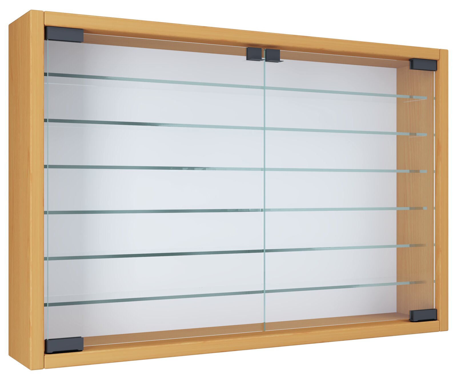 Wandvitrine mit Holzrahmen, Glasschiebetüren und mehreren Glasböden, schräg von vorn links abgebildet