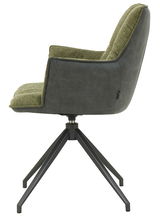 Moderner Sessel mit grünem Stoffbezug und schwarzem Metallgestell, Seitenansicht