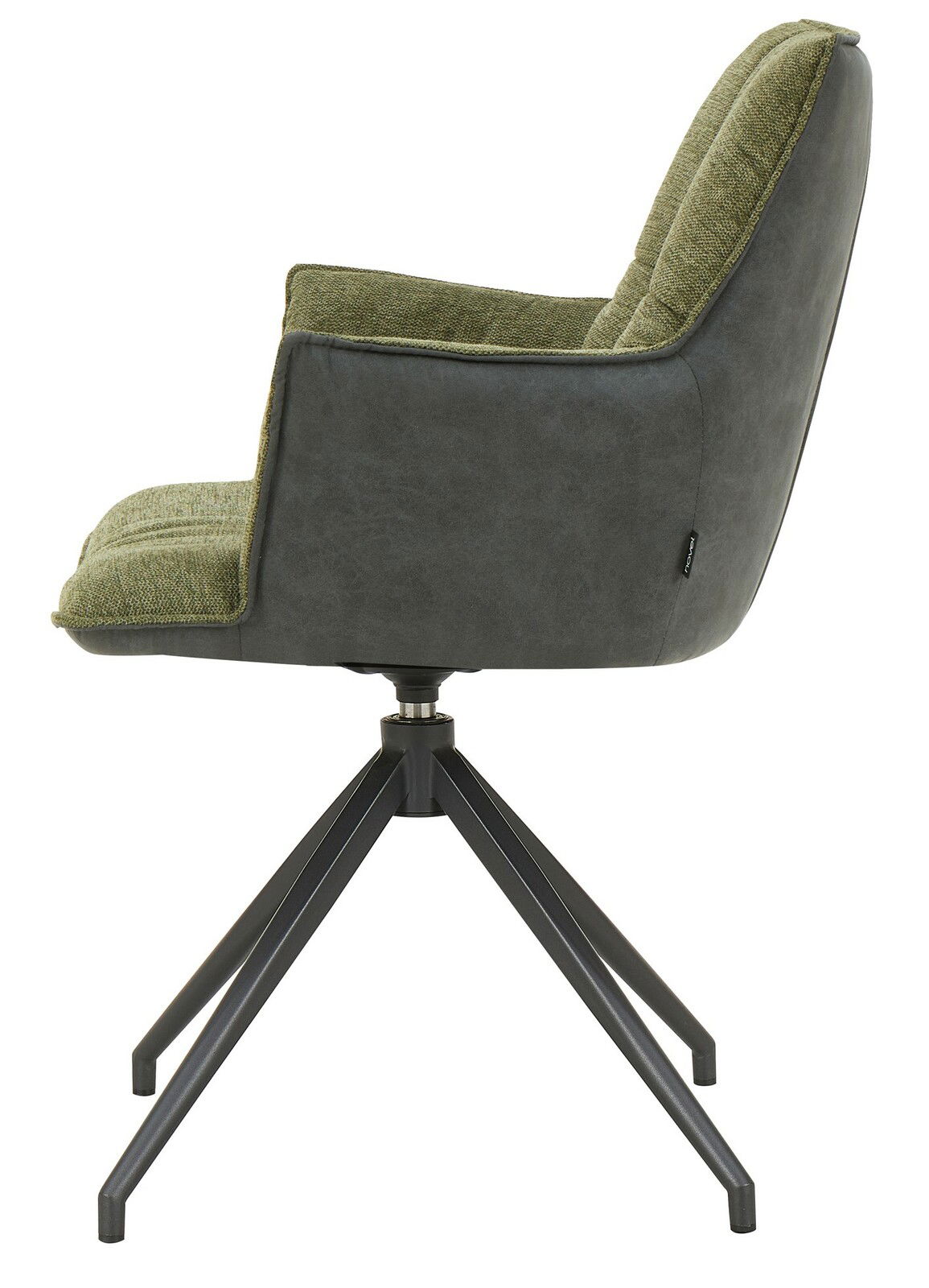 Moderner Sessel mit grünem Stoffbezug und schwarzem Metallgestell, Seitenansicht