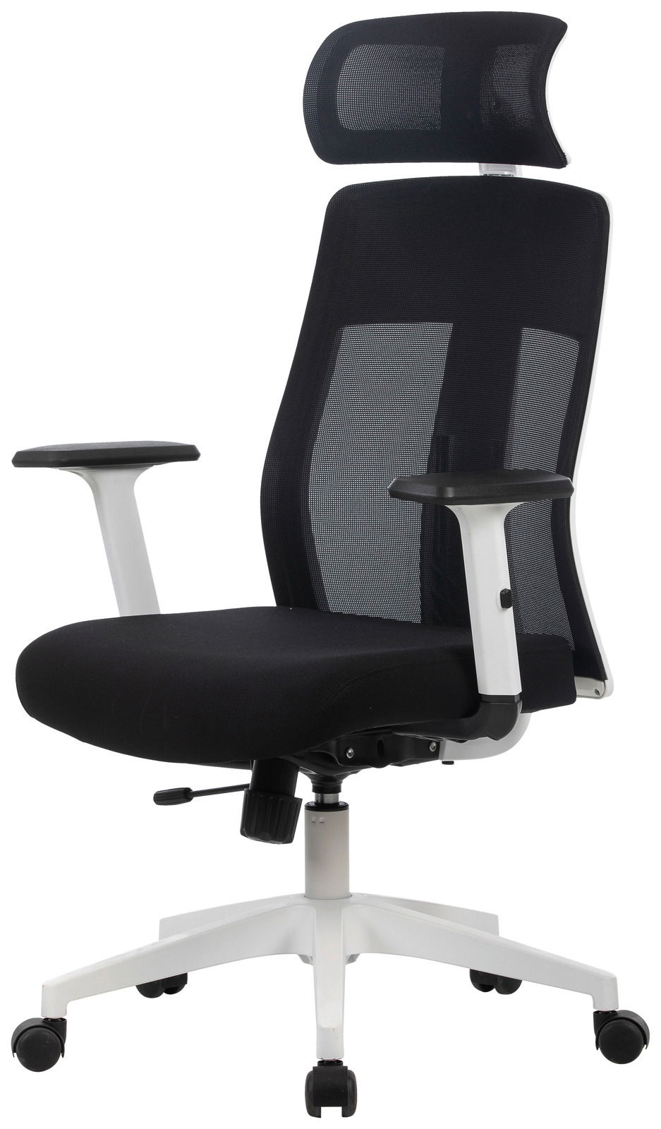 Moderner schwarzer Drehstuhl mit Netzrückenlehne und Kopfstütze, seitliche Perspektive