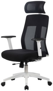 Moderner schwarzer Drehstuhl mit Netzrückenlehne und Kopfstütze, seitliche Perspektive