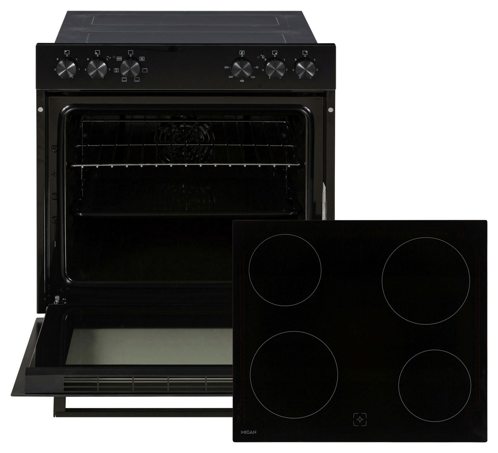 Einbauherd-Set mit geöffneter Ofentür und separatem Kochfeld, Frontalansicht