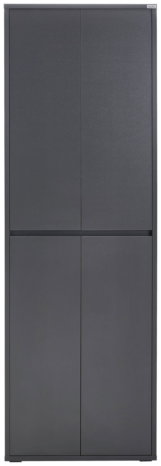 Frontansicht eines modernen, grauen XXL-Schuh- und Mehrzweckschranks mit vier Türen.