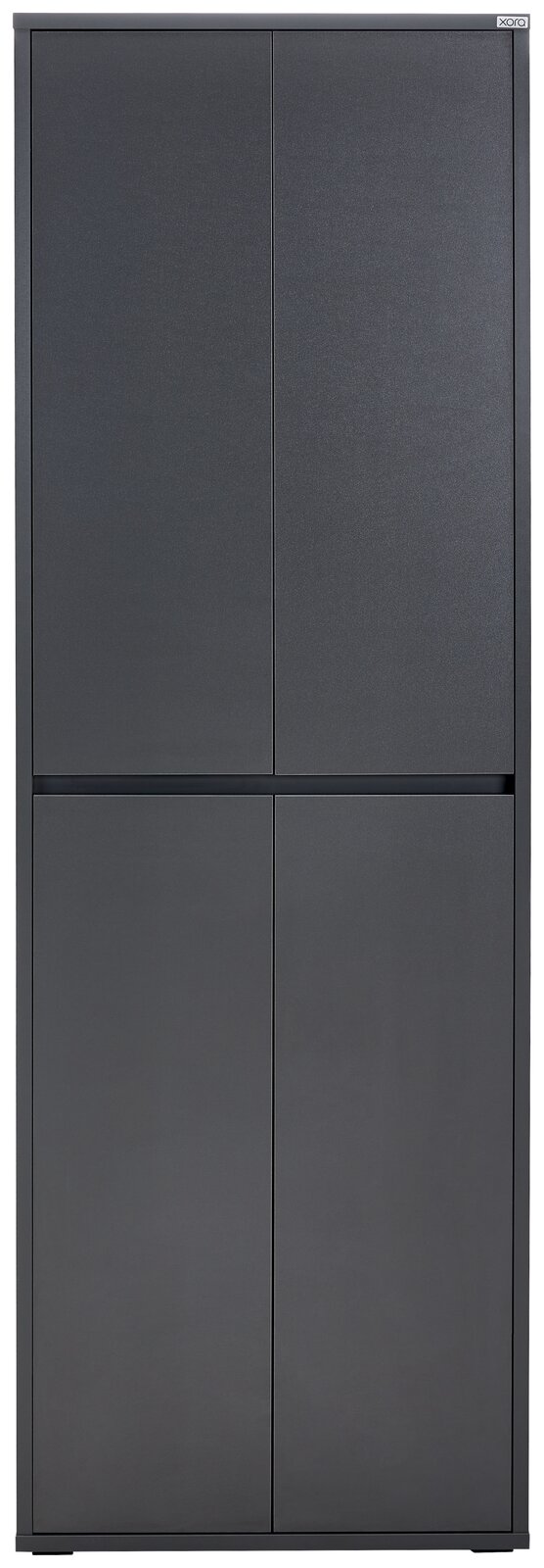 Frontansicht eines modernen, grauen XXL-Schuh- und Mehrzweckschranks mit vier Türen.