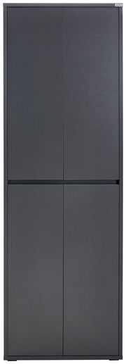 Frontansicht eines modernen, grauen XXL-Schuh- und Mehrzweckschranks mit vier Türen.