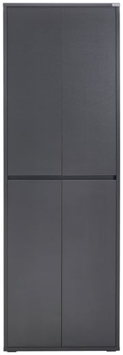 Frontansicht eines modernen, grauen XXL-Schuh- und Mehrzweckschranks mit vier Türen.