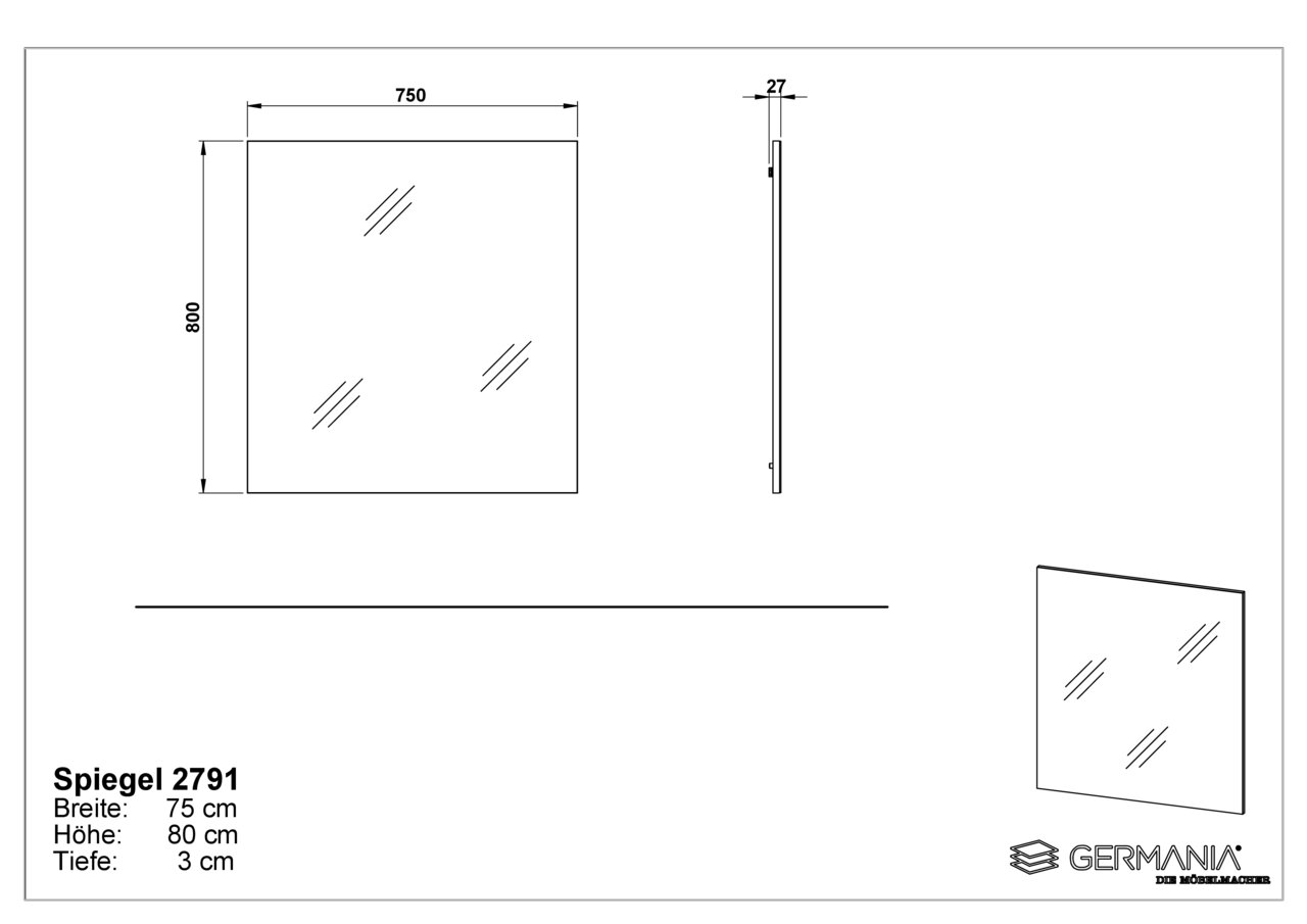 Zeichnung eines rechteckigen Spiegels mit den Maßen 75 cm Breite, 80 cm Höhe und 3 cm Tiefe, seitliche und perspektivische Ansicht.