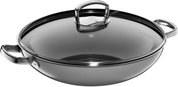 Wok mit Glasdeckel und zwei Griffen, seitliche Perspektive