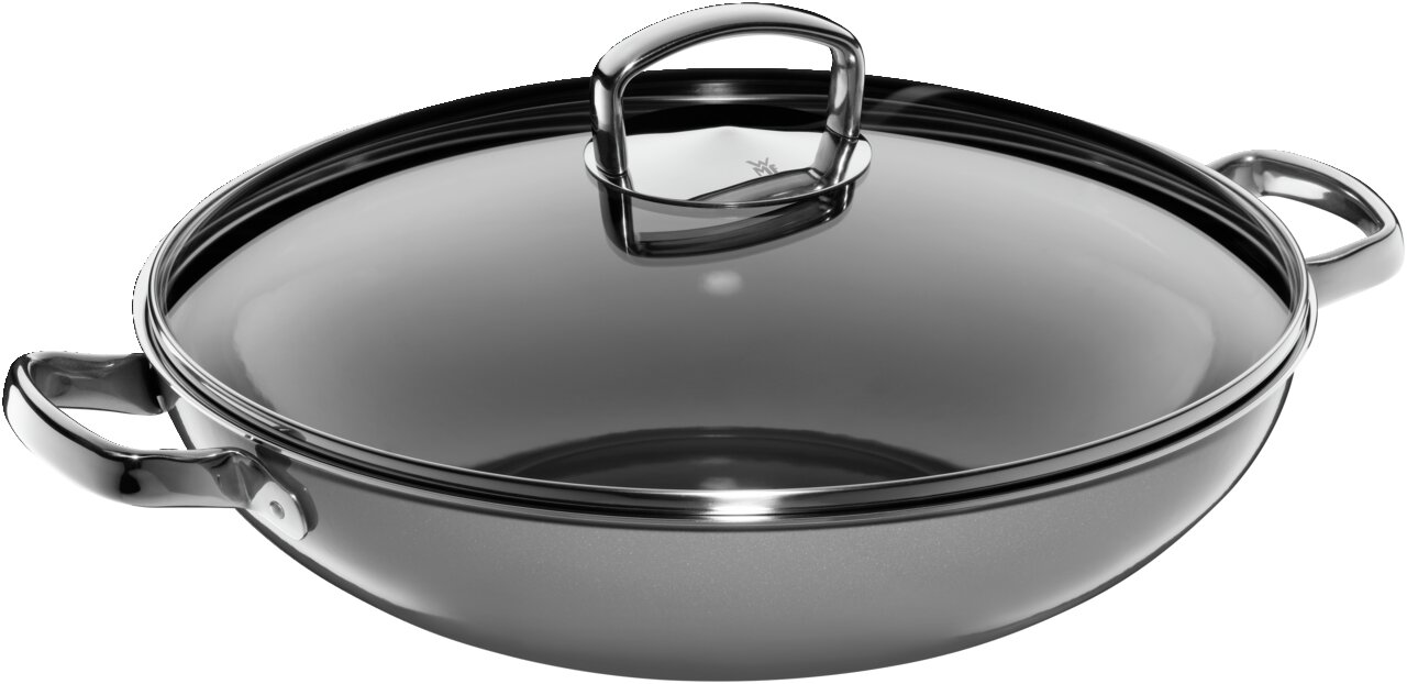 Wok mit Glasdeckel und zwei Griffen, seitliche Perspektive