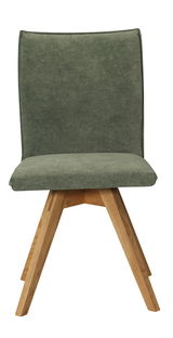 Moderner Stuhl mit grünem Stoffbezug und Holzbeinen, Frontalansicht