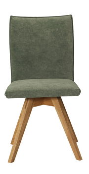 Moderner Stuhl mit grünem Stoffbezug und Holzbeinen, Frontalansicht