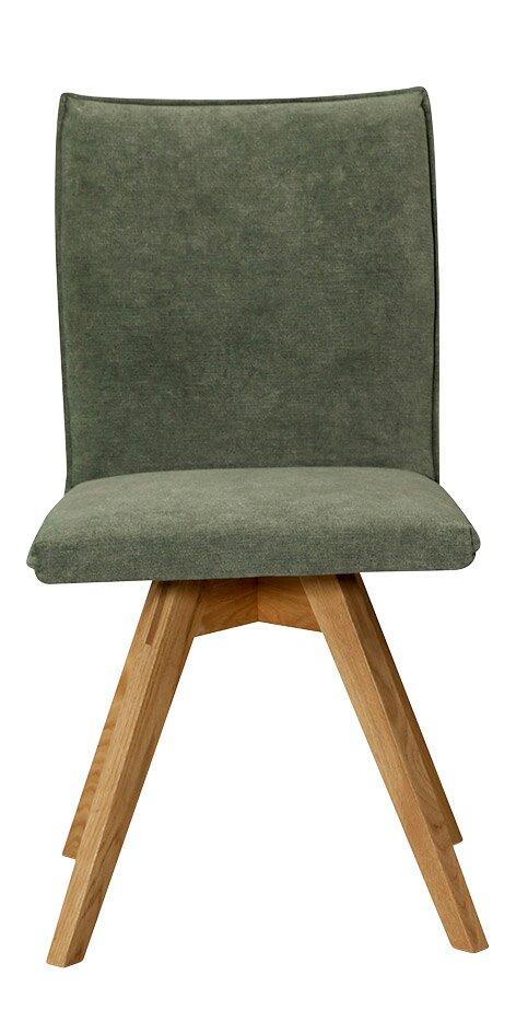 Moderner Stuhl mit grünem Stoffbezug und Holzbeinen, Frontalansicht