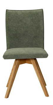 Moderner Stuhl mit grünem Stoffbezug und Holzbeinen, Frontalansicht