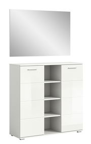 Weiße Garderobenkombination mit Spiegel, Schubladen und offenen Regalfächern, seitliche Perspektive