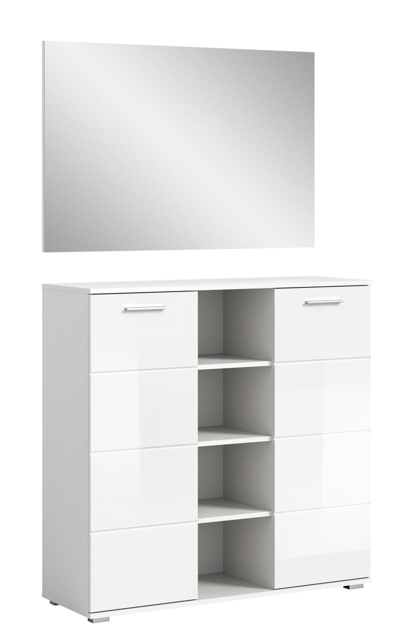 MID.YOU Garderobenkombination PREGO Weiße Garderobenkombination mit Spiegel, Schubladen und offenen Regalfächern, seitliche Perspektive