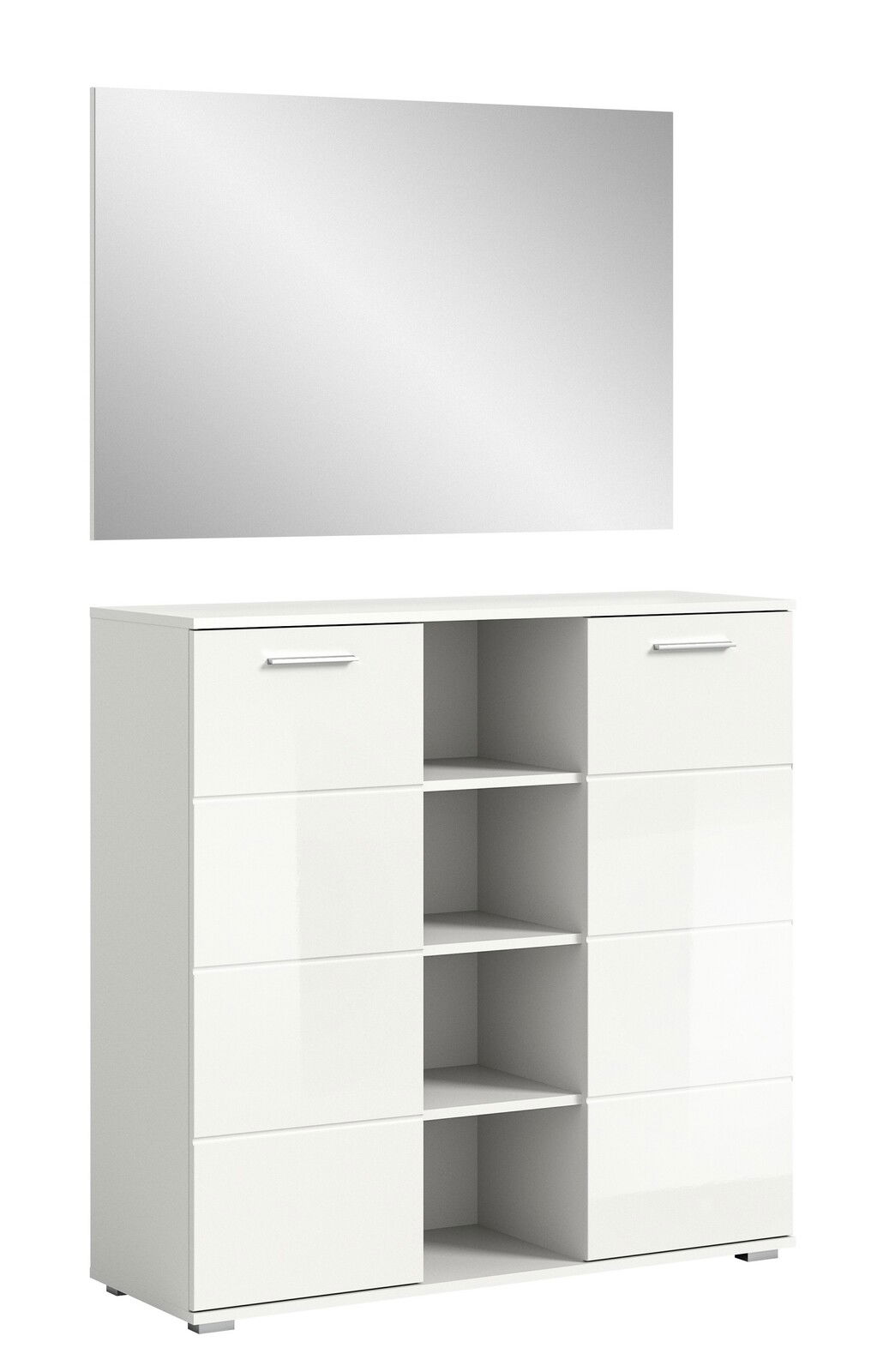 Weiße Garderobenkombination mit Spiegel, Schubladen und offenen Regalfächern, seitliche Perspektive