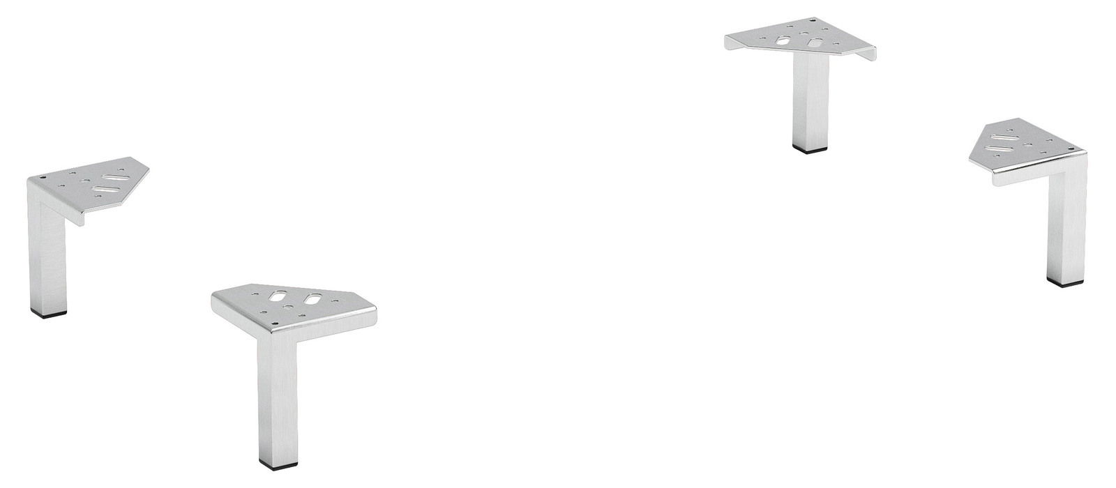 XORA Fuss-Set 4-tlg. Vier silberne Möbelfüße in L-Form, aus Metall, auf weißem Hintergrund, perspektivisch von oben betrachtet.