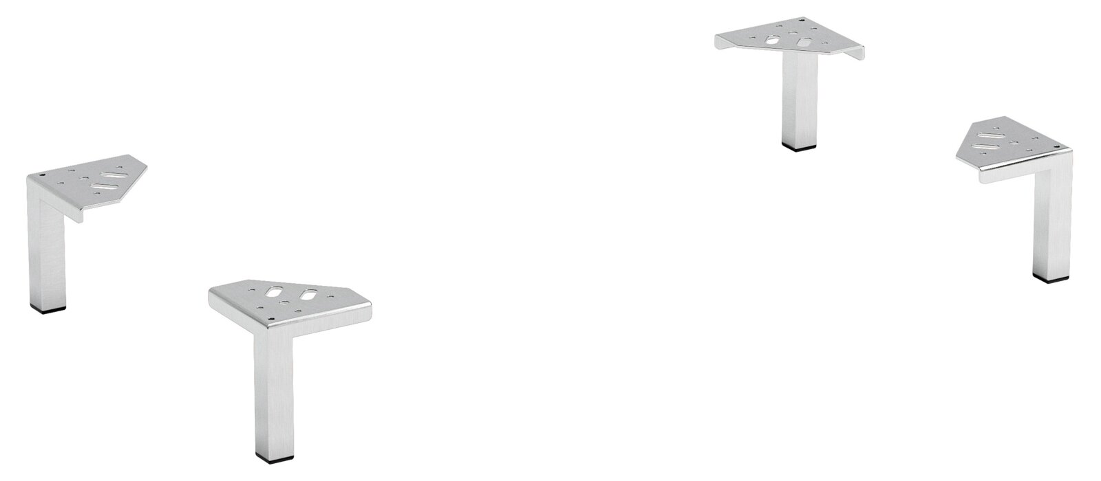 XORA Fuss-Set 4-tlg. STILO Vier silberne Möbelfüße in L-Form, aus Metall, auf weißem Hintergrund, perspektivisch von oben betrachtet.
